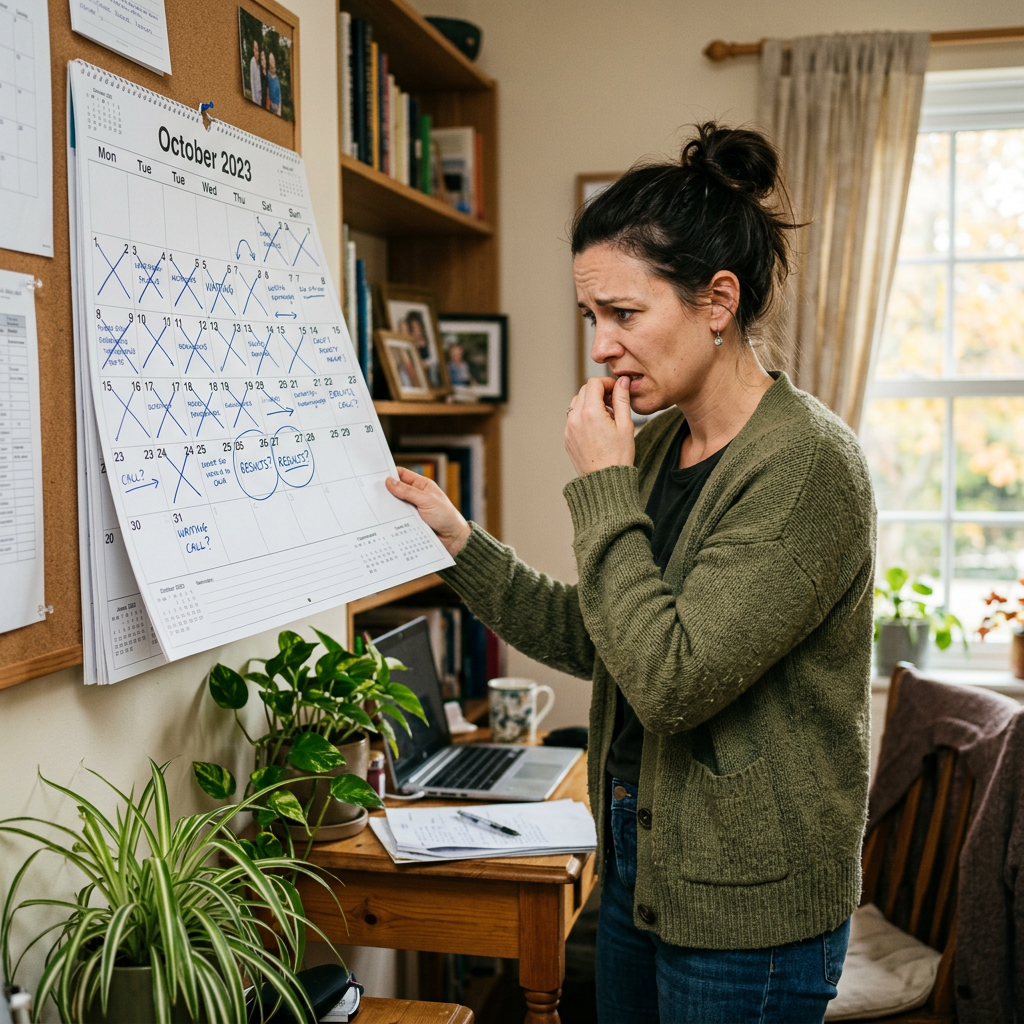 Worried woman examining a busy October 2023 calendar with many crossed-out days