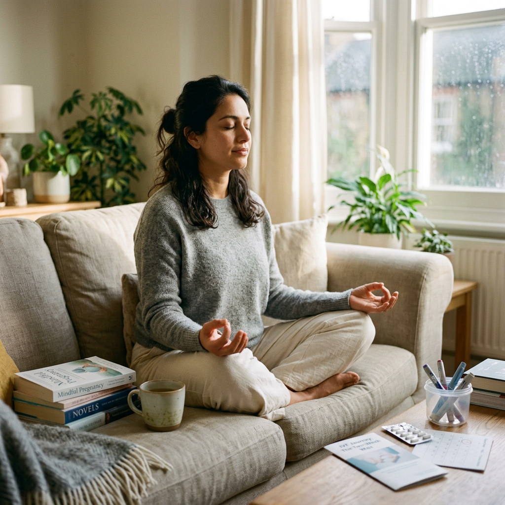 Woman sitting cross-legged on a couch with eyes closed, meditating indoors