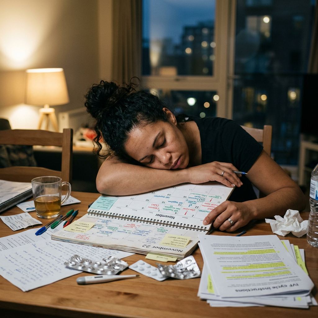 Woman asleep on table with calendar, medication, notes, and thermometer
